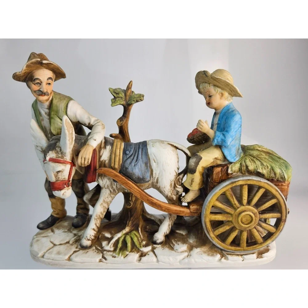 Vintage Set of 2 Donkey Cart Figurines Man Boy Far Donkey Scene‎ Rustic See Desc